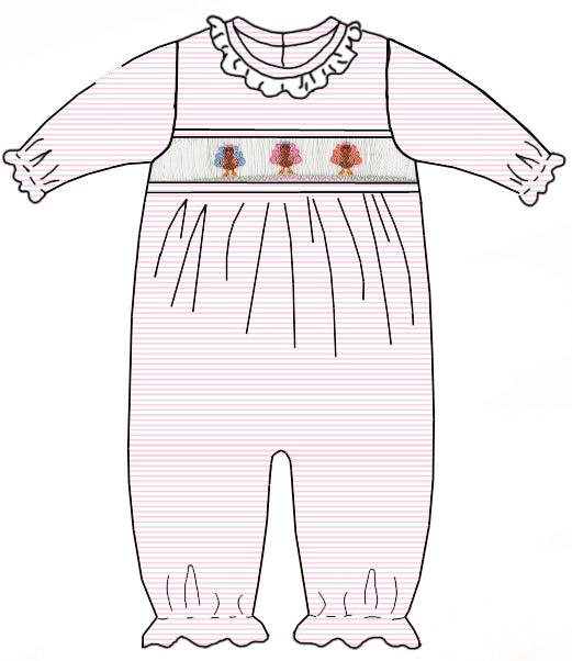 Petit Bebe’s Pink Knit Striped Turkey Smocked Long Romper brings warmth and charm to every Thanksgiving moment. Crafted with cozy knit fabric and delicate turkey smocking, it wraps your little one in comfort and festive spirit, whether with footies for infants or an easy fit for older babies!

Footie - 3m, 6m

Footless Romper - 9m, 12m, 18m, 24m
