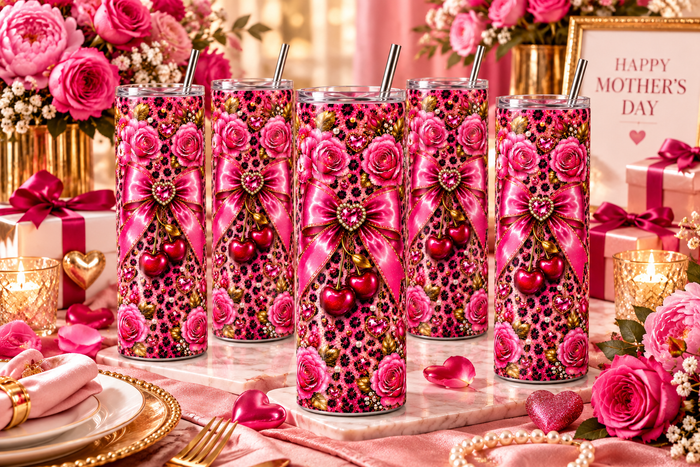 Pink Leopard Cherry Bow 20oz Skinny Tumbler