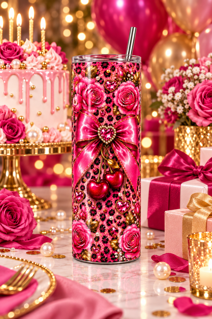 Pink Leopard Cherry Bow 20oz Skinny Tumbler