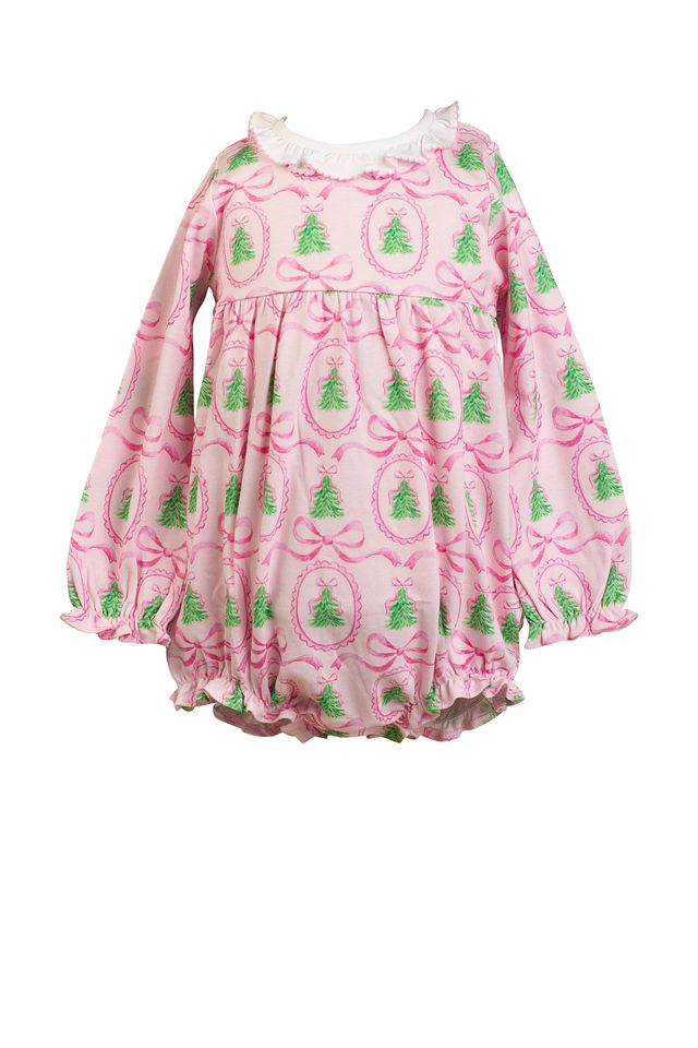 The Pink Tannenbaum Bubble by The Proper Peony delights with its soft pink Christmas pine print and crisp white ruffled collar, dressing your little girl in festive charm and timeless sweetness this holiday season.
