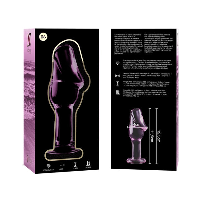 Plug anal IBIZA Nebula Model 06, din sticlă borosilicată, lungime inserabilă 11.5 cm, diametru 4 cm, roz transparent