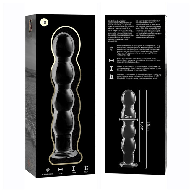 Plug anal IBIZA Nebula Model 10, din sticlă borosilicată, lungime inserabilă 15 cm, diametru 3 cm, transparent