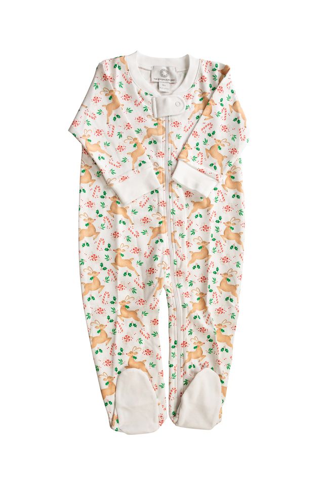 The Proper Peony’s Prancer Pima Zipper Pajamas wrap your little one in cozy warmth with ultra-soft Pima cotton. Festive reindeer and candy cane prints bring holiday magic to bedtime, making each moment joyful and snug throughout the season.

Footed Pajamas - Size NB, 3m, 6m, 9m

Non-Footed Pajamas - Size 12m, 18m, 24m