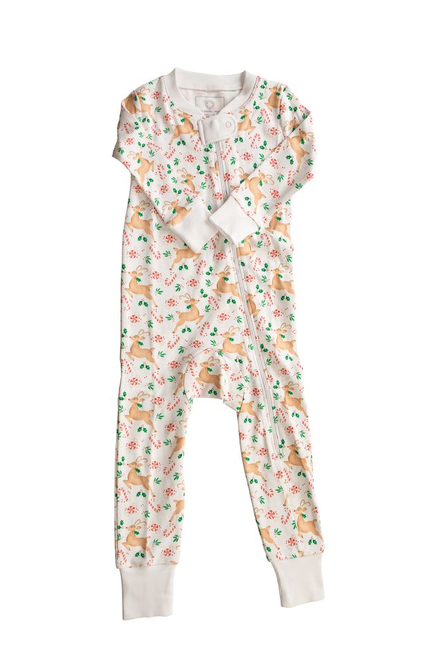 The Proper Peony’s Prancer Pima Zipper Pajamas wrap your little one in cozy warmth with ultra-soft Pima cotton. Festive reindeer and candy cane prints bring holiday magic to bedtime, making each moment joyful and snug throughout the season.

Footed Pajamas - Size NB, 3m, 6m, 9m

Non-Footed Pajamas - Size 12m, 18m, 24m