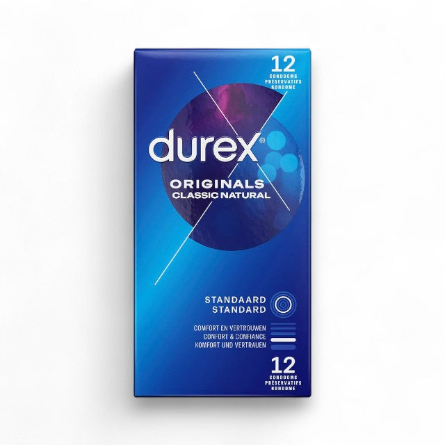 Prezervative clasice Durex Originals Classic Natural, lubrifiate si rezistente, 56mm, 1 cutie x 12 buc