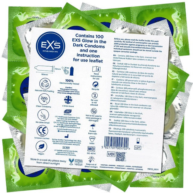 Prezervative EXS - Glowing, lubrifiate si rezistente, fosforescente in intuneric, 1 x 3 buc