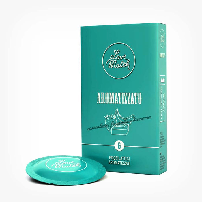 Prezervative LOVE MATCH Aromatizzato, din latex, cu arome de ciocolată, căpșuni și banane, diametru 53 mm, 6 buc