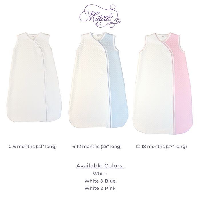 Introducing the Marcela Quilted Pima Cotton Zipped Sleep Sack! Made from the softest Pima cotton, this sleep sack offers ultimate comfort for your little one. Its fully white design allows for personalization, making it the perfect gift for any new arrival. Say hello to cozy, worry-free nights with our sleep sack.