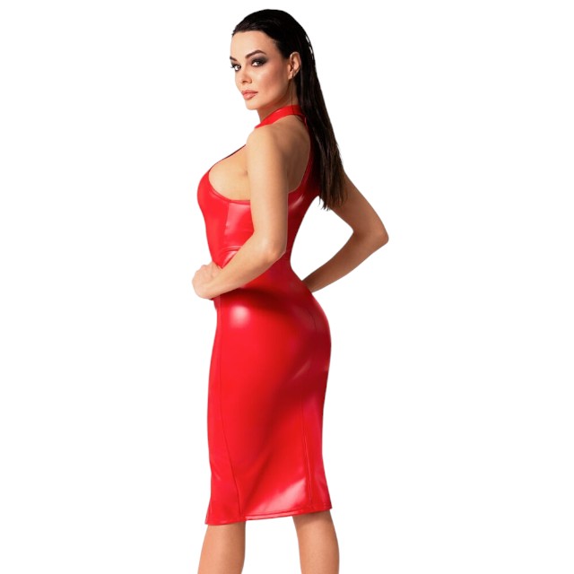 Rochie sexy NOIR HANDMADE Dress, costum erotic din material lucios, design cu guler și fermoar, culoare roșu, mărime M(27190703031)