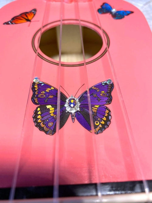 Rozanna's Butterfly Dream Ukulele | Hand Applied Artwork & Crystal