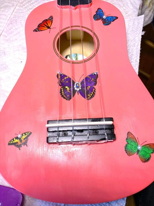 Rozanna's Butterfly Dream Ukulele | Hand Applied Artwork & Crystal
