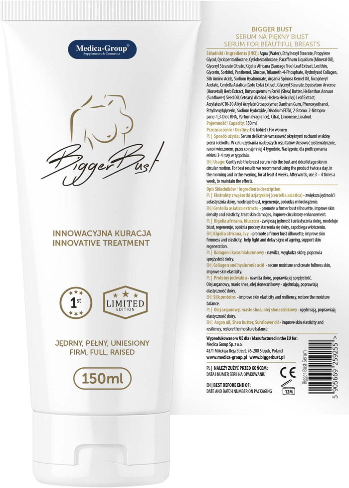 Ser MEDICA-GROUP Bigger Bust, pentru mărirea și fermitatea sânilor, efect hidratant, cu ulei de argan, 150 ml