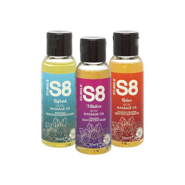 Set 3 uleiuri de masaj S8 Erotic Massage Oil, efect afrodiziac, cu ulei de Jojoba și de migdale, diverse arome, 3 x 50 ml