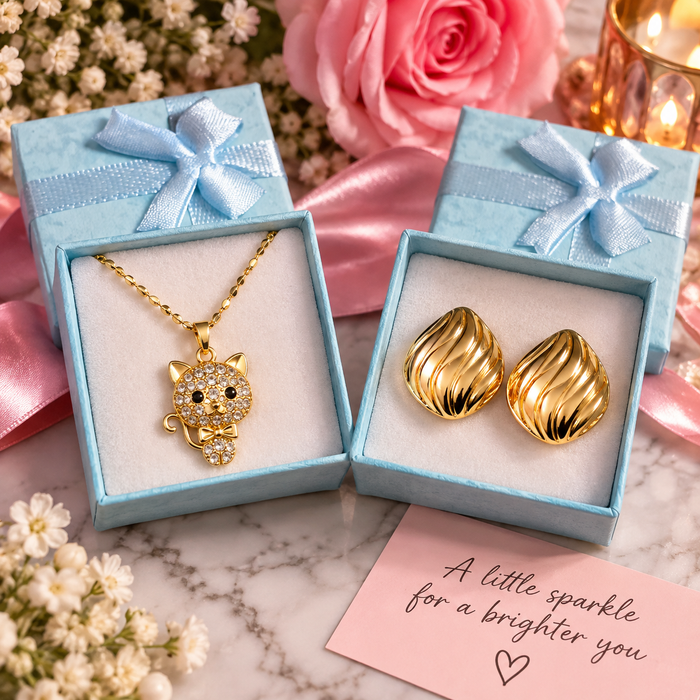Set de Joyería Dorada para Mujer – Collar de Gatito con Cristales + Aretes Elegantes