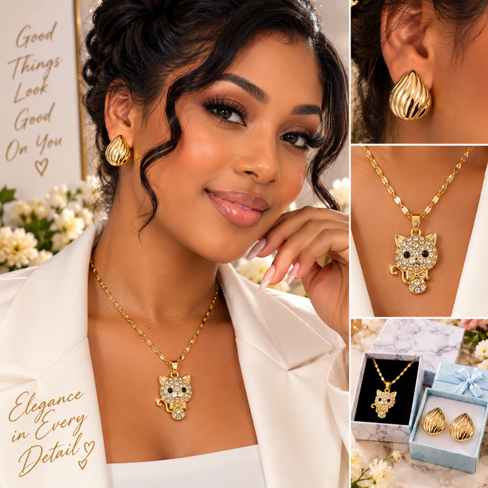 Set de Joyería Dorada para Mujer – Collar de Gatito con Cristales + Aretes Elegantes
