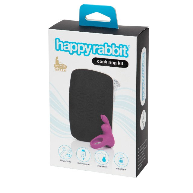 Set HAPPY RABBIT Cock Ring Kit, cu inel vibrator pentru penis cu 12 funcții de vibrație și geantă de călătorie inclusă