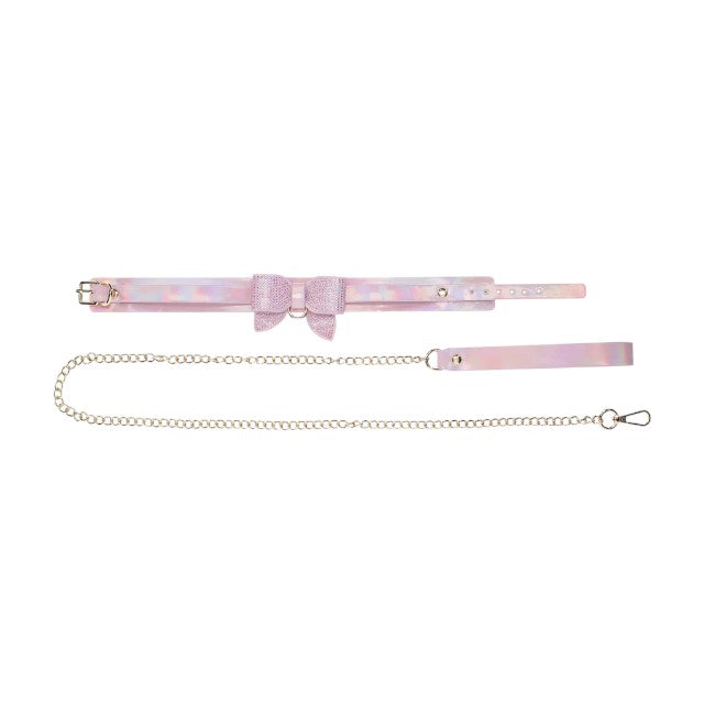 Set OUCH! Collar with Leash - Paris Collection, pentru jocuri erotice BDSM, model cu fundă, mărime ajustabilă, roz cu auriu