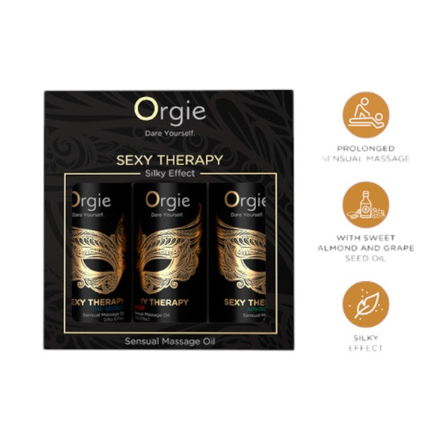 Set ulei masaj Orgie - Sexy Therapy, pentru corp, cu aroma de vanilie, iasomie, ananas, frezie, lemnos, 3 x 30 ml