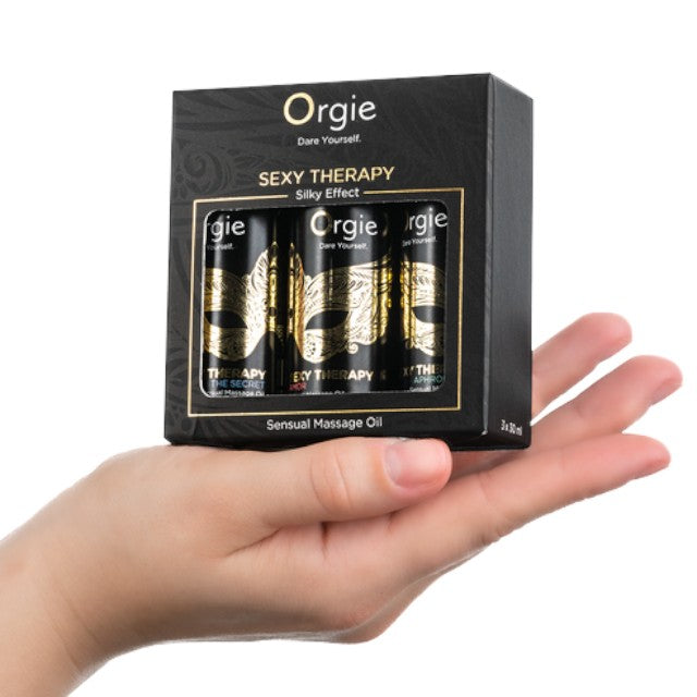 Set ulei masaj Orgie - Sexy Therapy, pentru corp, cu aroma de vanilie, iasomie, ananas, frezie, lemnos, 3 x 30 ml