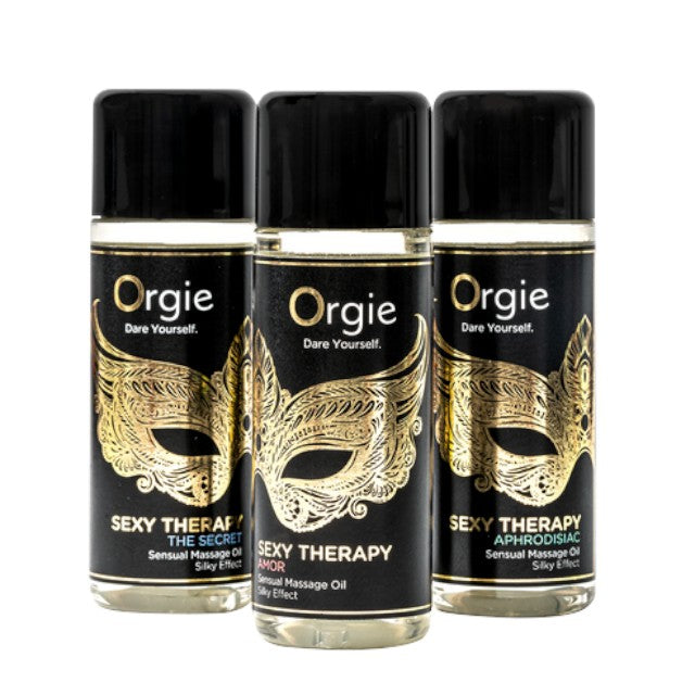 Set ulei masaj Orgie - Sexy Therapy, pentru corp, cu aroma de vanilie, iasomie, ananas, frezie, lemnos, 3 x 30 ml