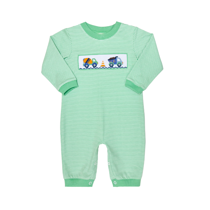 Zuccini Kids’ Smocked Construction Luke Bubble combines soft green knit stripes with intricate construction smocking, creating a charming and cozy outfit for your little boy. This bubble romper brings timeless style and comfort together, wrapping your infant in warmth and style.