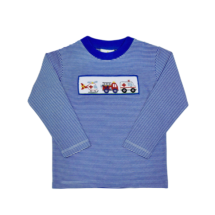 Celebrate bravery with the Smocked First Responders Harry Play Tee by Zuccini Kids. This soft, blue-and-white striped knit tee showcases delicate first responders smocking, honoring courage while keeping your toddler comfortable and stylish during every adventure.