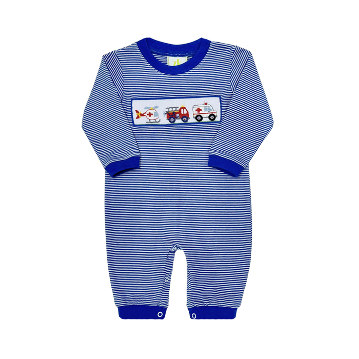 Celebrate courage with the Smocked First Responders Luke Bubble by Zuccini Kids. This blue and white striped romper combines classic charm and heartfelt tribute, wrapping your baby in comfort and inspiring pride from their very first days. Designed to honor everyday heroes with every stitch!