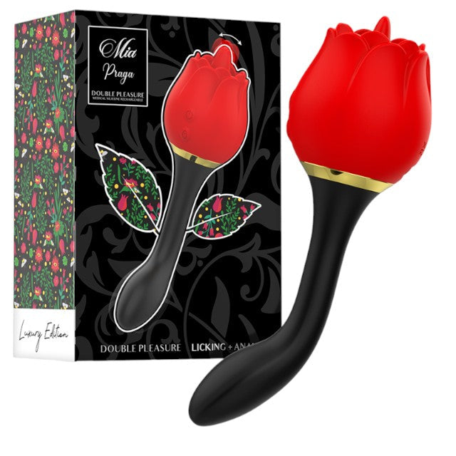 Stimulator clitoridian si anal MIA Double Pleasure, in forma de trandafir, 10 functii de vibratie, culoarea rosu