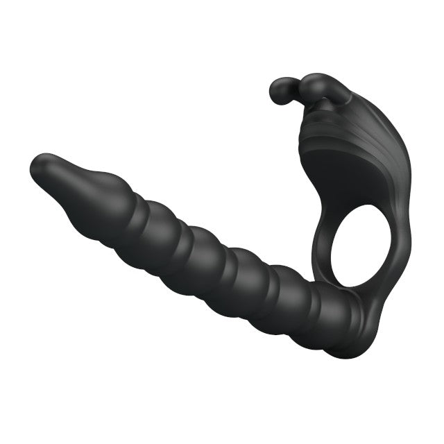 Strap-On PRETTYLOVE - Blackney, cu dubla penetrare, si stimularea clitorisului, 7 functii vibrare, negru