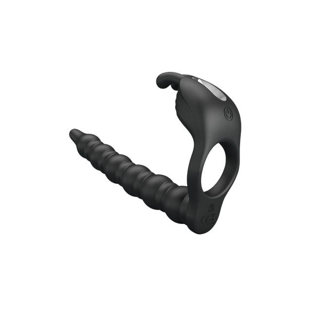 Strap-On PRETTYLOVE - Blackney, cu dubla penetrare, si stimularea clitorisului, 7 functii vibrare, negru