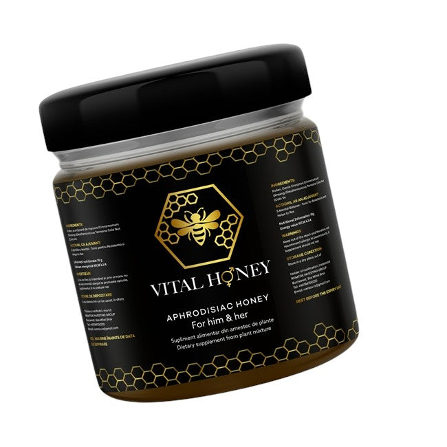 Supliment alimentar pe baza de miere VITAL HONEY, unisex, poate ajuta la potenta si crestere libido, borcan 240 gr