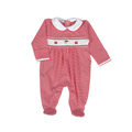 Baby Loren’s Sweet Santa Hand Smocked Pima Footie wraps your little one in soft, breathable Pima cotton, with charming red and white stripes and delicate Santa smocking. The Peter Pan collar and fold-over mittens add cozy warmth and timeless holiday cheer!