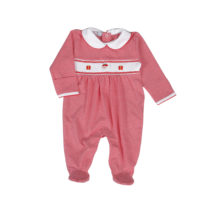 Baby Loren’s Sweet Santa Hand Smocked Pima Footie wraps your little one in soft, breathable Pima cotton, with charming red and white stripes and delicate Santa smocking. The Peter Pan collar and fold-over mittens add cozy warmth and timeless holiday cheer!