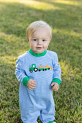 Dress your little one in the Tractor Trail Romper by Trotter Street Kids, where cozy stripes meet playful tractor and pumpkin details. This charming romper, with its soft green accents, keeps your infant warm and adorable on every crisp fall day!