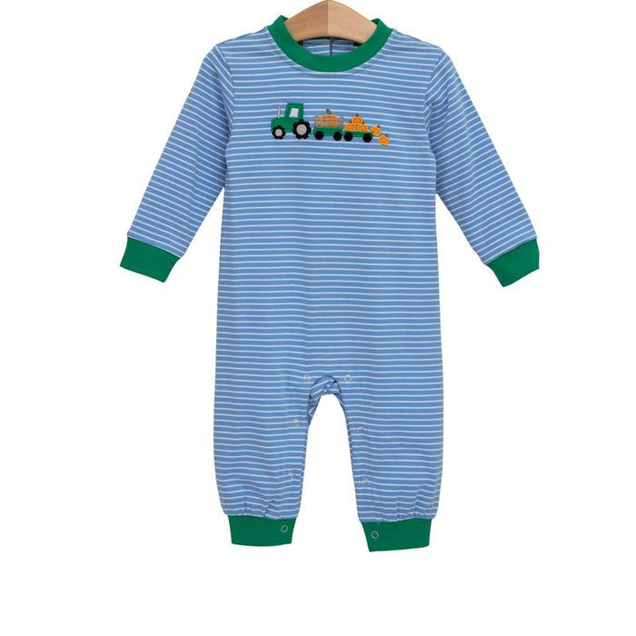 Dress your little one in the Tractor Trail Romper by Trotter Street Kids, where cozy stripes meet playful tractor and pumpkin details. This charming romper, with its soft green accents, keeps your infant warm and adorable on every crisp fall day!