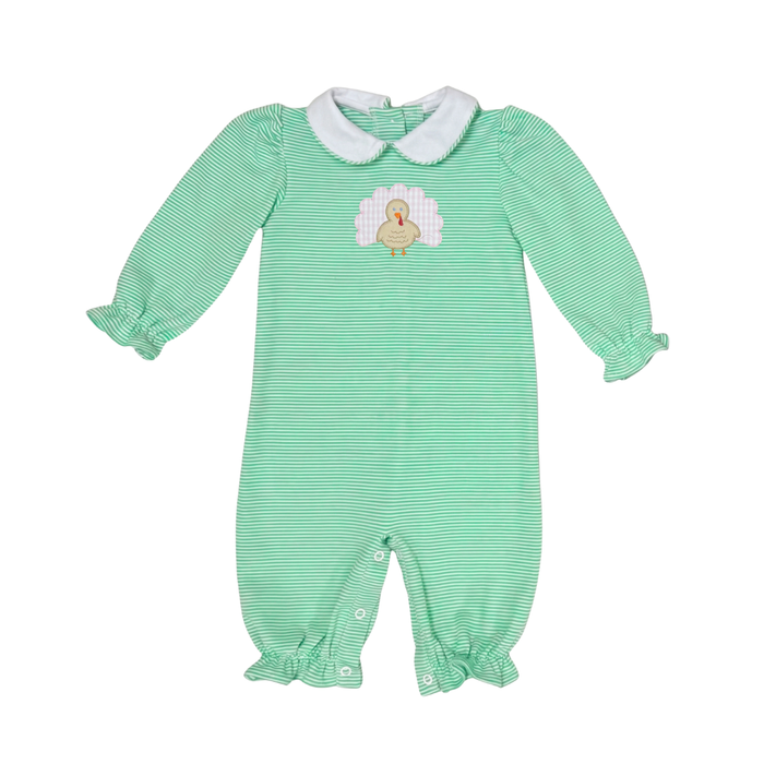 Zuccini Kids’ Turkey Louisa Bubble brings charming whimsy to your little girl's wardrobe with its playful green stripes, delicate white Peter Pan collar, and adorable turkey appliqué. This delightful outfit combines comfort and style, perfect for making every Thanksgiving moment memorable!