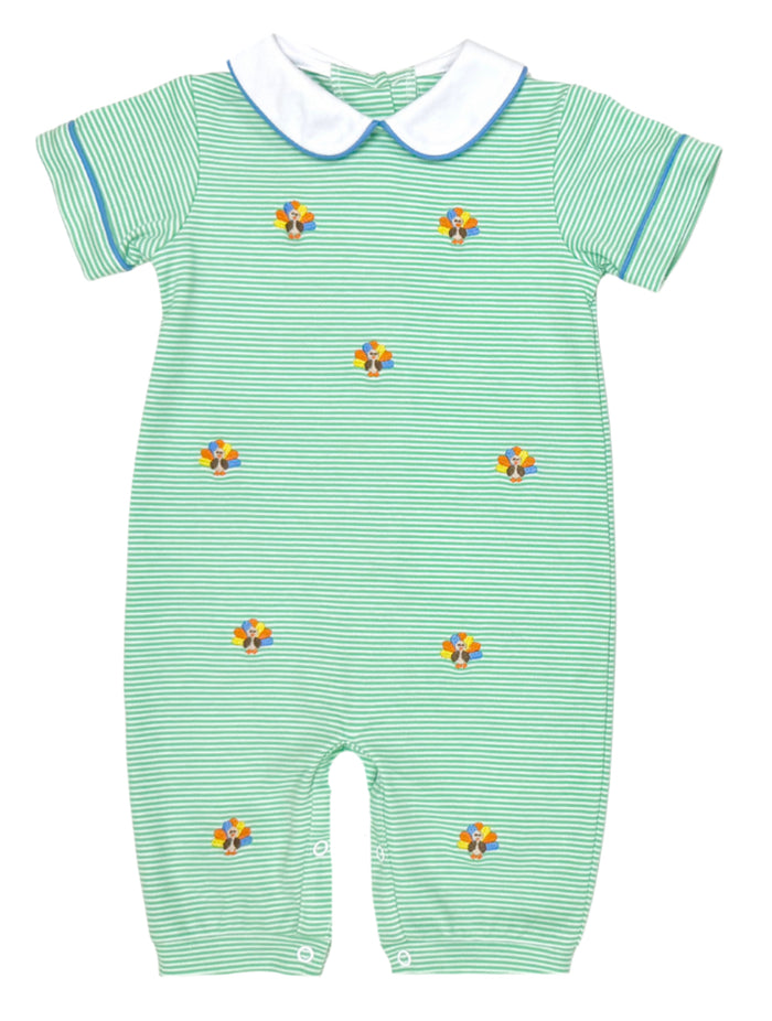 Zuccini Kids’ Turkey Oliver Bubble combines charming green stripes with playful turkey appliqués, creating a delightful outfit that embraces your infant boy in soft, breathable comfort. The classic Peter Pan collar adds timeless style, making every Thanksgiving moment picture-perfect and full of warmth!