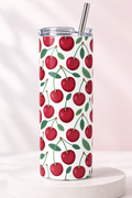 Vaso Térmico de Cerezas 20 oz – Tumbler Blanco con Tapa y Popote