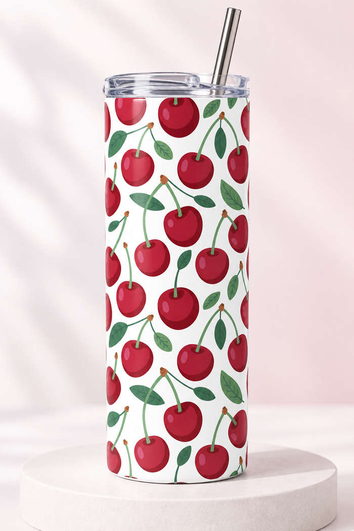 Vaso Térmico de Cerezas 20 oz – Tumbler Blanco con Tapa y Popote