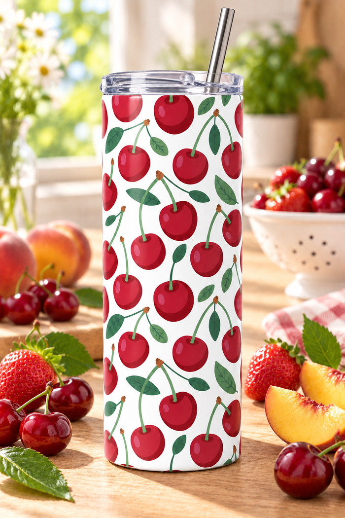 Vaso Térmico de Cerezas 20 oz – Tumbler Blanco con Tapa y Popote