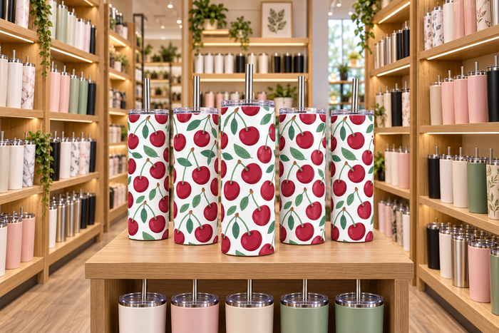 Vaso Térmico de Cerezas 20 oz – Tumbler Blanco con Tapa y Popote