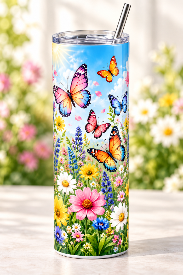 Vaso Térmico de Mariposas y Flores – Tumbler Skinny de 20 oz