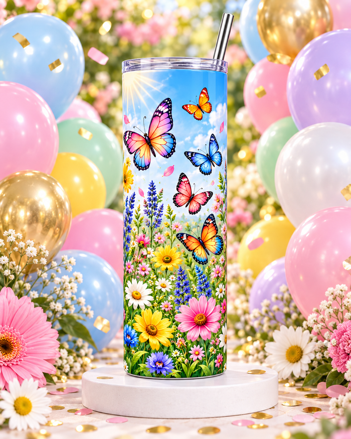 Vaso Térmico de Mariposas y Flores – Tumbler Skinny de 20 oz