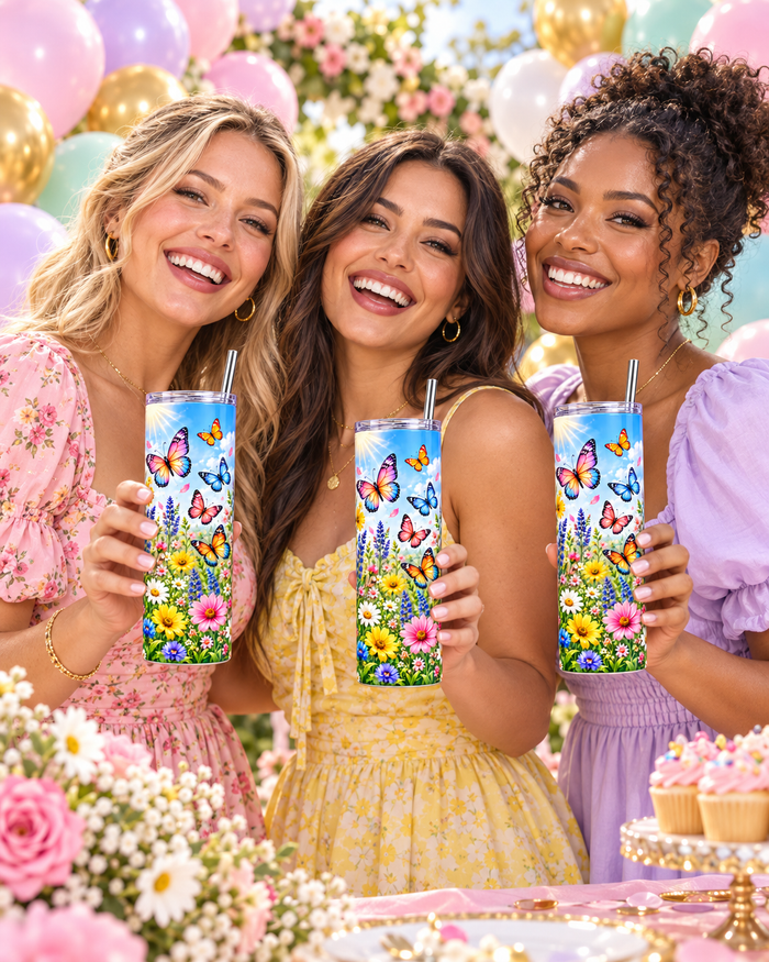 Vaso Térmico de Mariposas y Flores – Tumbler Skinny de 20 oz