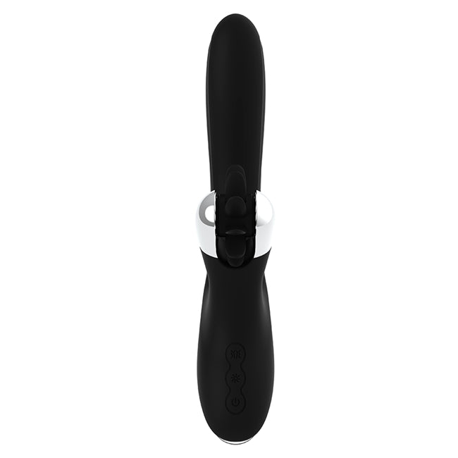 Vibrator cu rotatie BLACK&SILVER - BUNNY GRIMM WAVE, soft silicon, negru, 7 moduri de stimulare a clitorisului