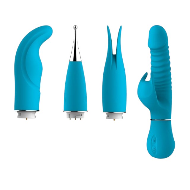 Vibrator ENGILY ROSS Eivian, cu 4 piese interschimbabile, funcție de penetrare, 8 funcții de vibrație, 3 viteze, albastru