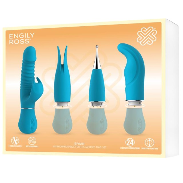 Vibrator ENGILY ROSS Eivian, cu 4 piese interschimbabile, funcție de penetrare, 8 funcții de vibrație, 3 viteze, albastru