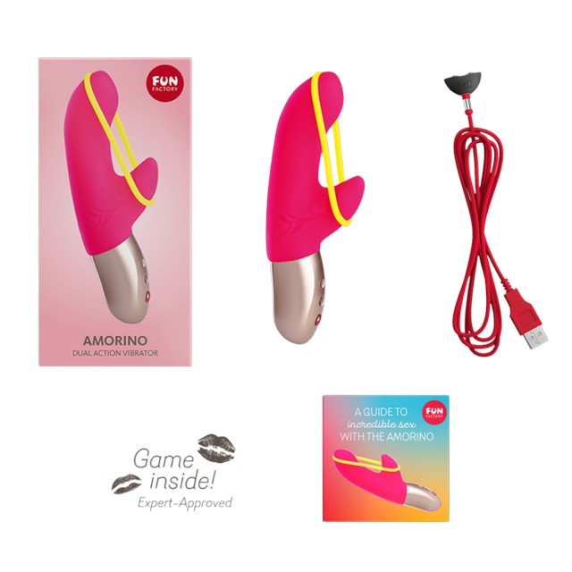 Vibrator rabbit FUN FACTORY Amorino, 12 funcții de vibrație, rezistent la apă, lungime 17 cm, culoare roz cu galben