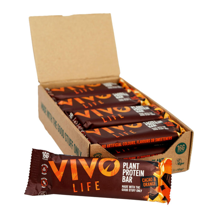 Vivo Life Plant Protein Bar Cacao & Orange 12 x 65g (loose bars) - Out of Date