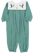 Bailey Boys’ Waterfowl Long Romper blends timeless charm with playful detail. The green mini check fabric feels soft and cozy, while the crisp white collar showcases delicate mallard and waterfowl embroidery, making every moment with your little one uniquely special.